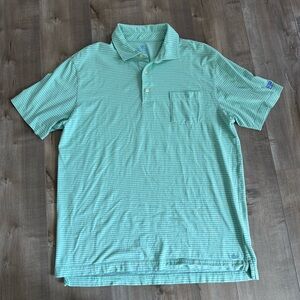 Peter Millar Seaside Wash Polo Men Medium Green‎ Blue Thin Stripe Short Sleeve